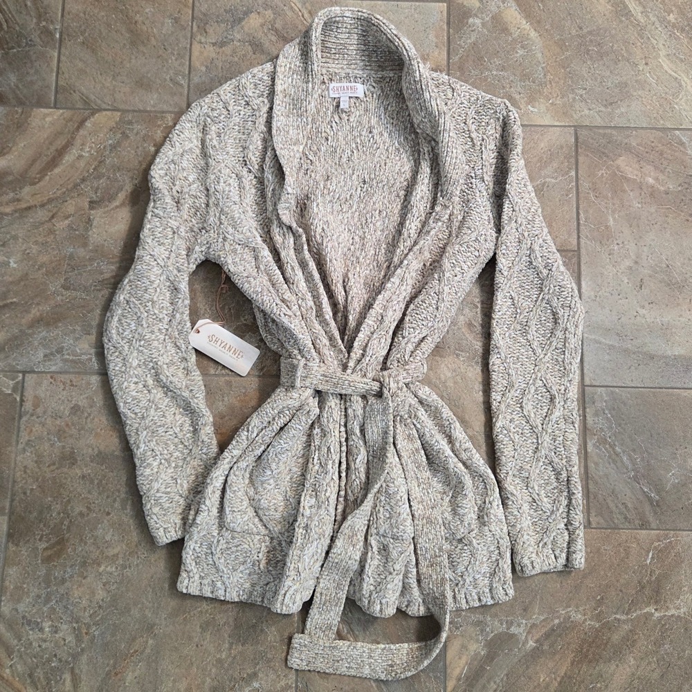 Shyanne Womens‎ Cable Knit Cardigan Sand Beige Belted Shawl Collar Sweater L NEW